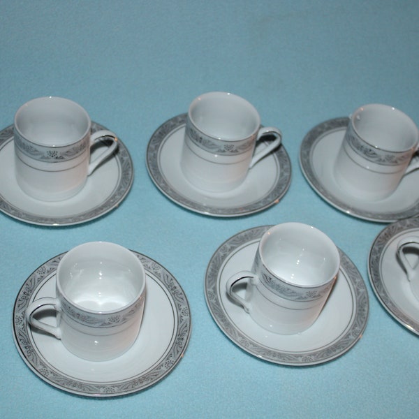 Vintage 12 Piece Czech Demitasse Tea Cup and Saucer Set "Fine Porcelain Chekoslovakian" Brand New Still in Original Styrofoam Silver Design