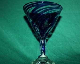 Cobalt Blue Swirled Hand Blown Mexican Margarita or Martini Glass Beautiful Craftsmanship Very Collectible Stemware 1990's Holds 15 oz