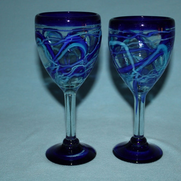 Vintage Hand Blown Cobalt Blue and Turquoise Swirl Wine Glasses Set of 2 Heavy Recycled Glass Made in Mexico Each is One of A Kind Pristine