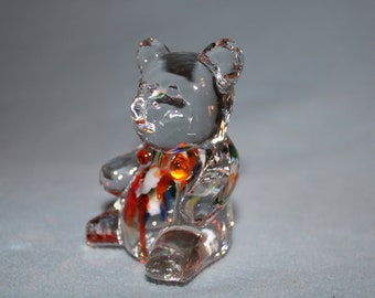 Vintage Glass Bear Figurine or Paperweight His Tummy Is Filled with Streaks of Colors Perfect Condition 3" inches Tall Adorable Teddy Bear