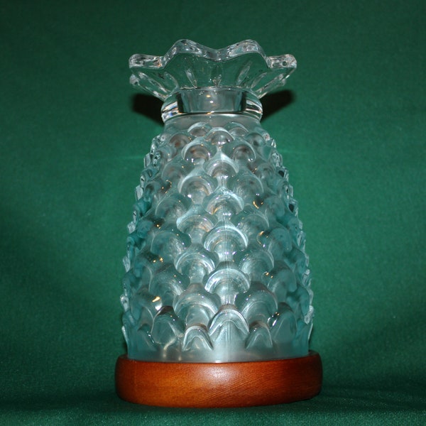 Pineapple Shaped Heavy Glass Accent Lamp on Wood Base Vintage Night Light or Poolside 1990's Battery Operated 3 AA's 8.25" Inches Tall