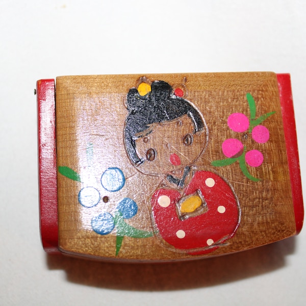 1960's Japanese Trinket Box Hand Painted Kokeshi Doll Mirror Inside the Lid Made in Japan Delicate and Dainty Red Pink Blue Green Yellow