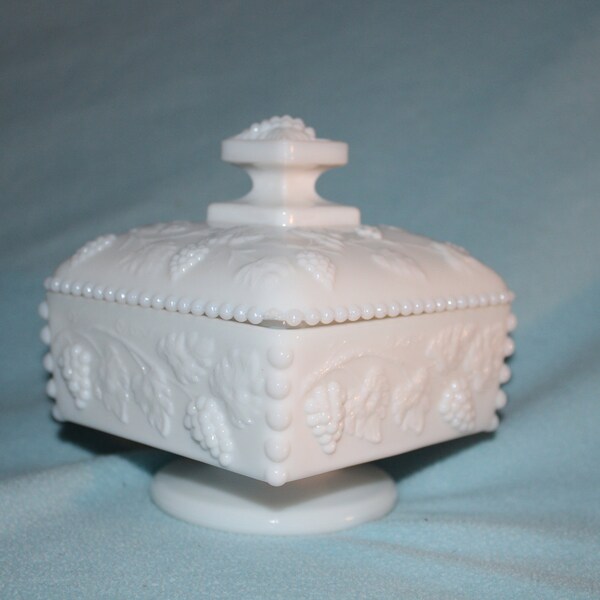 Vintage Westmoreland Milk Glass Harvest Grape Square Pedestal Covered Candy Dish Almost Looks Translucent White