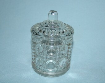 Vintage Federal Glass Sugar Bowl or Jam Jelly Jar With Lid Cane & Button Pattern Or Would Be a Cool Apothecary Jar Perfect Condition 4.75" T