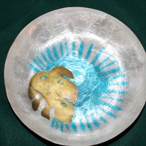Delicate Capiz Mother of Peart Bowl Hand Made Hand Painted Iridescent MOP Blue Starburst With A Golden Leaf 5.5&quot; Inch Diameter