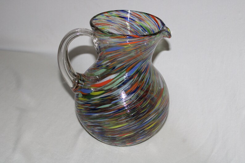 Large Mexican Hand Blown Multicolored Swirled Confetti Glass Pitcher