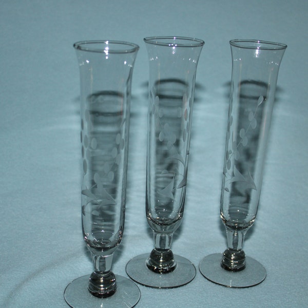 Set of 3 Smokey Gray Floral Etched Glass Bud Vases Footed Elegant and Timeless 7.5" Tall Perfect Condition Great Mother's Day Gift Idea