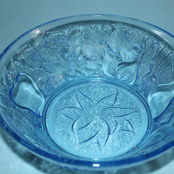Vintage Blue Glass Serving Bowl KIG Indonesia Unique Shade of Blue Della Robbia Pattern Grapes Leaves Perfect Condition 8.5" Diameter
