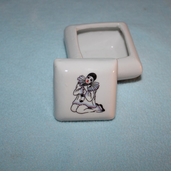 Vintage Porcelain Hand Painted Clown Trinket or Pill Box Detailed Crying Clown Accented with Blue and Purple Perfectly Adorable 2" X 2" Inch