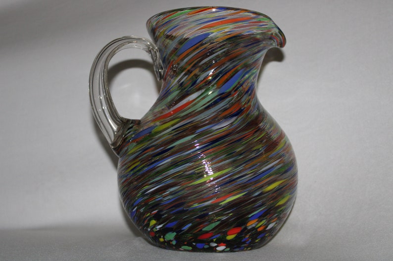Large Mexican Hand Blown Multicolored Swirled Confetti Glass Pitcher