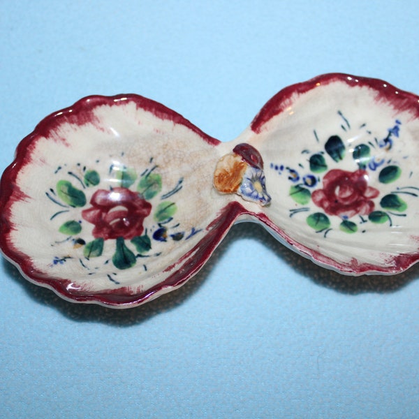 1950's Hand Painted Double Ceramic Bowl Made in Japan Beautifully Detailed Red Roses and Green Leaves for Accents Open Clam Shell Shaped