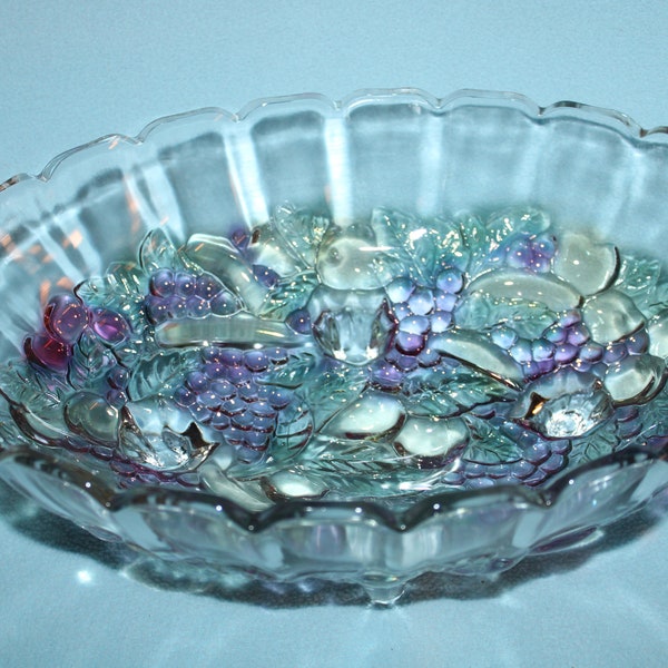 1970's Footed Oval Fruit Bowl Indiana Glass Purple Pink Clear Harvest Grape Pattern  12" inches long 8.5" inches wide Perfect Condition
