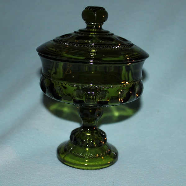 Rare Find Green King's Crown Thumbprint Indiana Glass Pedestal Covered Candy Dish or Compote 1960's Perfect Condition Beautiful Heavy Glass