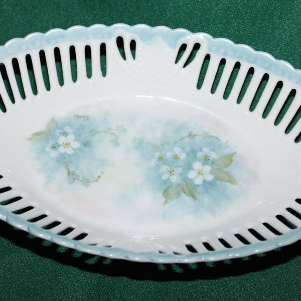 Beautiful Hand Painted Antique Porcelain Bowl or Dish Pale Blue and White Has A Raised Beaded Pattern with Cut-Outs Perfect Gift Condition