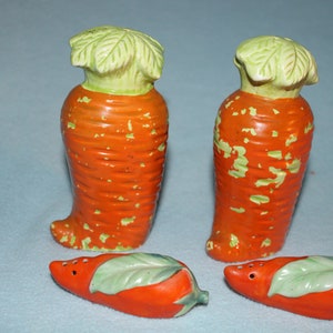 2 Sets of Salt and Pepper Shakers Made in Japan Carrot Shaped 1) Standing Set 1) Laying Set Both Marked Japan  Bright Orange and Green