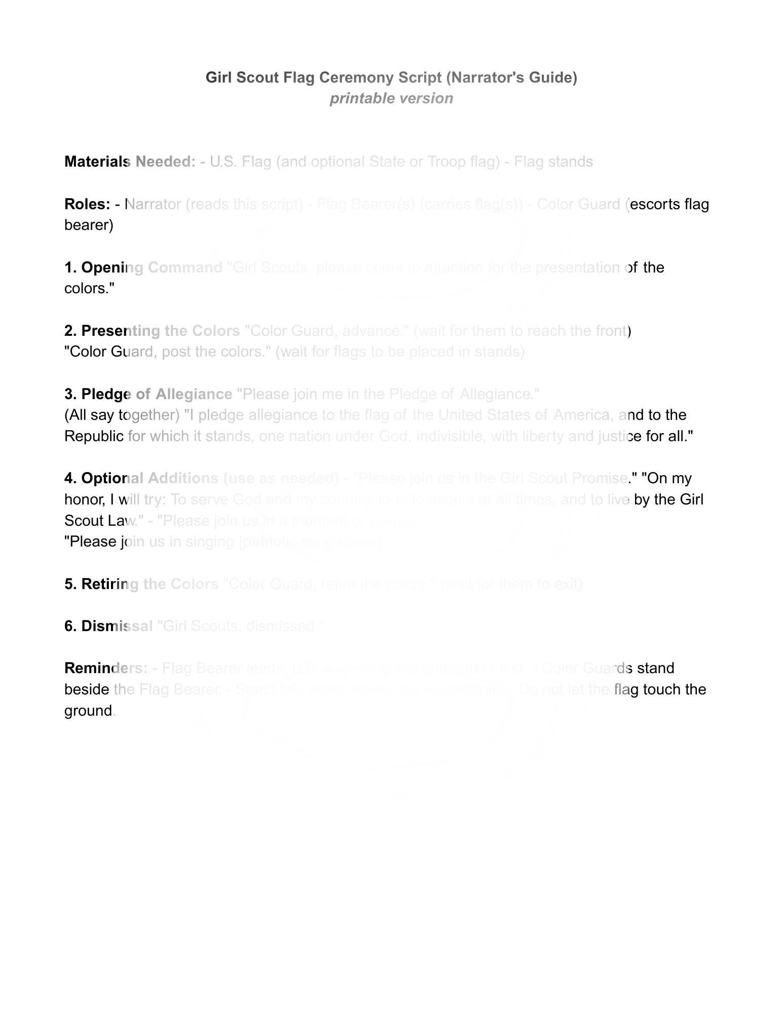 Script For Scouting Girl Scout Flag Ceremony Directions and Script - Etsy