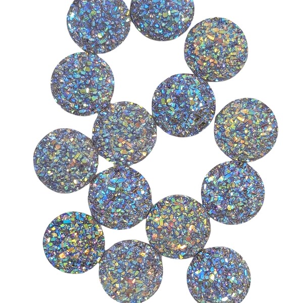 Alice Blue Round Flat Back Resin Druzy Cabochons 12mm, 10Pcs, DIY Jewelry Supplies