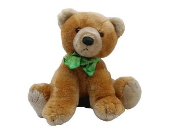 DAKIN Brown Teddy Bear Stuffed Plush Coin Piggy Bank 1987 Green Bow