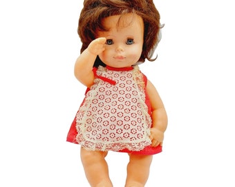 vintage GOTZ Puppe Doll, cheveux bruns 35 cm, yeux bleus endormis, lecture sonore