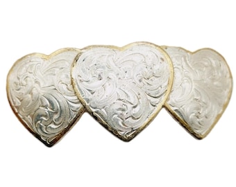 French Barrette Silver Gold Tone Metal 3” Hair Clip Made in France 3 Hearts READ