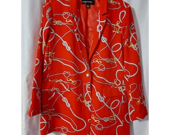 Colleen Lopez Womens Red Jacket Size Large Equestrian Print Button Blazer
