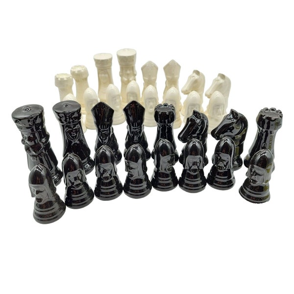 Vintage Porcelain Ceramic Chess Pieces Set 32 Black White  READ