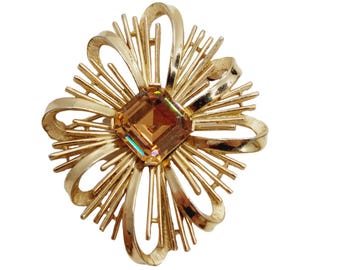 Vintage Crown Trifari Amber faceted Atomic Starburst Gold Tone Pin Brooch 2.5"