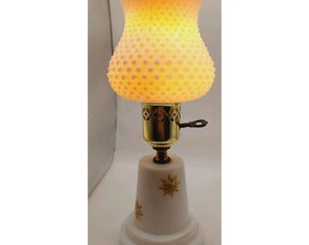 Hobnail Milk Glass Table Lamp Atomic Starburst 12" Tall