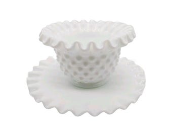 Vintage Fenton Milk Glass Hobnail Dish and Bowl With Ruffled Edge And Spoon