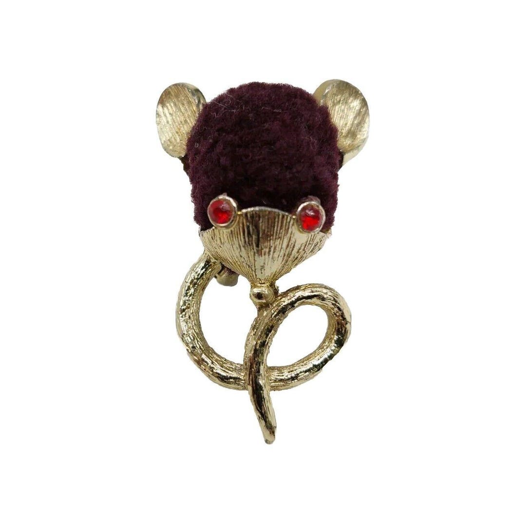 Vintage Mouse Rat Brooch Pin Red Rhinestone Eyes Gold Tone Pom Pom Body ...