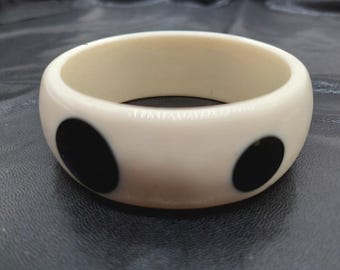 Black White Polka Dot Bangle Bracelet Plastic Vintage Estate Costume Jewelry