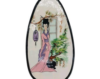 Assiette à bijoux oblongue en porcelaine représentant une geisha chinoise, 13 x 8 cm