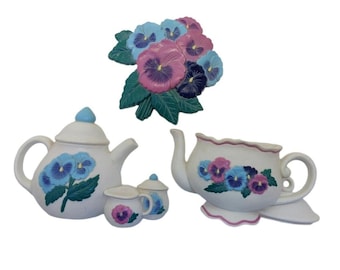 Burwood Home Interiors Tea Pots & Pansies Wall Plaques Lot Of 3 Floral