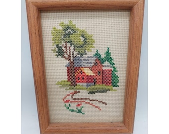 Vintage Needlepoint Farm House Barn Tree Framed Handmade