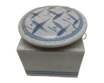 Stoneware Grey Blue Crock Music Box Tested Works Plays "Somewhere My Love" READ