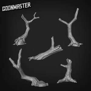 Puede incluir: Cinco ramas y troncos de árboles diferentes impresos en 3D en gris. Las ramas son de formas y tamaños variados, algunas con raíces y otras con ramas.