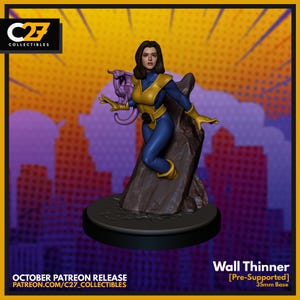 May include: A 3D printed miniature of a female superhero wearing blue and yellow clothing, holding a purple cat-like creature. The miniature is standing on a brown rock base. The text "Wall Thinner [Pre-Supported] 35mm Base" is visible in the image.