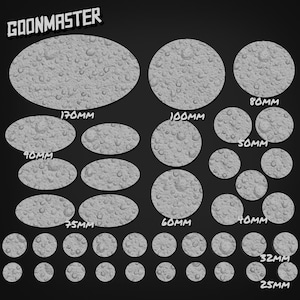 May include: A selection of gray, textured bases in various shapes and sizes, including ovals and circles. Sizes range from 25mm to 170mm, with the text "GOONMASTER" in the upper left corner.