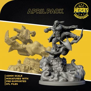 May include: A 3D printed miniature of a superhero character, Green Goblin, riding a glider. The miniature is 40mm in scale and comes with pre-supported STL files. The miniature is posed in a dynamic action pose, with the Green Goblin holding a pumpkin bomb in his hand. The miniature is printed in a light grey colour and is set against a yellow background. The image also includes the text "APRIL PACK" and "HALL OF HEROES MINIATURES".