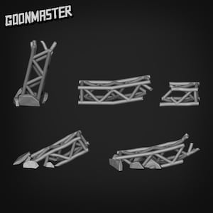 May include: Five different views of a grey metal truss structure, broken into pieces. The truss is made of thin metal bars that are connected together to form a series of triangles. The truss is designed to support weight and is often used in construction.