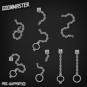 Puede incluir: Un conjunto de nueve cadenas impresas en 3D pre-soportadas con diferentes configuraciones. Las cadenas son de color plateado y tienen una variedad de formas, incluyendo rectas, curvas y en bucle. Las cadenas están diseñadas para ser utilizadas en juegos de rol de mesa u otros escenarios de juegos de miniaturas. El texto "GOONMASTER" y "PRE-SUPPORTED" es visible en la imagen.