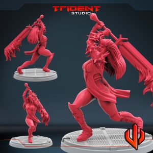 Könnte beinhalten: Eine rote Plastik-Miniaturfigur einer weiblichen Kriegerin, die ein großes Schwert mit einem stacheligen Griff hält. Die Figur ist in einer dynamischen Action-Pose mit einem erhobenen Bein und dem hoch gehaltenen Schwert dargestellt. Die Figur steht auf einem runden Sockel.