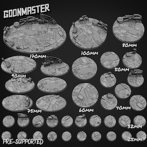 Puede incluir: Una colección de bases de miniaturas grises, pre-soportadas, en varios tamaños, incluyendo 170 mm, 100 mm, 90 mm, 80 mm, 75 mm, 60 mm, 50 mm, 40 mm, 32 mm y 25 mm. Cada base presenta un diseño industrial detallado con elementos mecánicos.