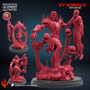 May include: A red 3D-printed figure of a muscular character with long hair, armor, and a menacing expression, holding a smaller figure. The figure is surrounded by organic, textured elements and additional figures. The Trident Studio logo is visible.