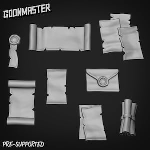 Könnte beinhalten: Ein Set aus 3D-gedruckten Papier- und Rollen-Requisiten für Tabletop-Rollenspiele. Das Set enthält eine Vielzahl von Formen und Größen, darunter eine gerollte Rolle, ein flaches Blatt Papier und ein versiegelter Umschlag. Die Requisiten sind alle vorab unterstützt und bereit zum Drucken.