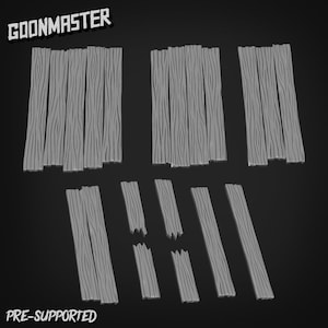 May include: A collection of grey wooden planks, some damaged, against a dark backdrop. The image features the text "GOONMASTER" and "PRE-SUPPORTED". The planks display a detailed wood grain texture, suitable for model making.