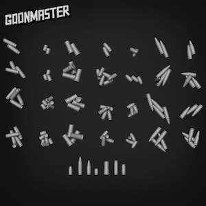 Może przedstawiać: Kolekcja srebrnych łusek pocisków rozrzuconych na czarnym tle. Łuski są ułożone w różnych grupach i orientacjach, niektóre są ułożone jedna na drugiej. Słowo "GOONMASTER" jest nadrukowane białymi literami na czarnym tle u góry obrazu.