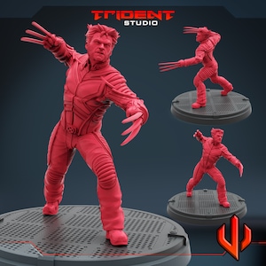 May include: A red plastic figurine of Wolverine from the X-Men comics. The figurine is posed in a fighting stance with claws extended. The figurine is standing on a black base with a grid pattern.