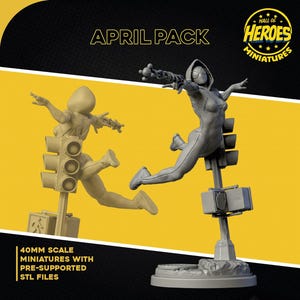 Puede incluir: Una miniatura impresa en 3D de un superhéroe con un traje blanco y negro, de pie sobre un semáforo. La miniatura forma parte de un paquete de abril de miniaturas a escala de 40 mm con archivos STL pre-soportados. El texto "Hall of Heroes Miniatures" es visible en la esquina superior derecha de la imagen.