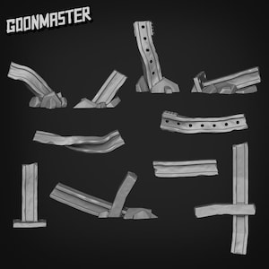 May include: A set of 10 grey, 3D printed, broken concrete pieces. The pieces are in various shapes and sizes, and some have holes or other details. The pieces are designed to be used as props or scenery in a tabletop game or miniature setting.